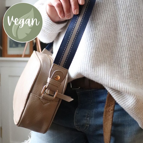 Taupe, Vegan Leather Camera Bag with Striped Strap by Peace of Mind